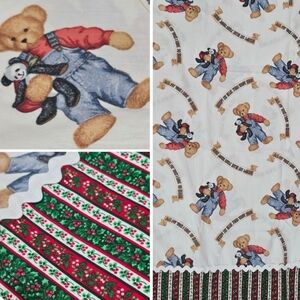 Blue Jean Teddy Vintage Kids Pillowcase Handmade Christmas Poinsetta Holiday VTG